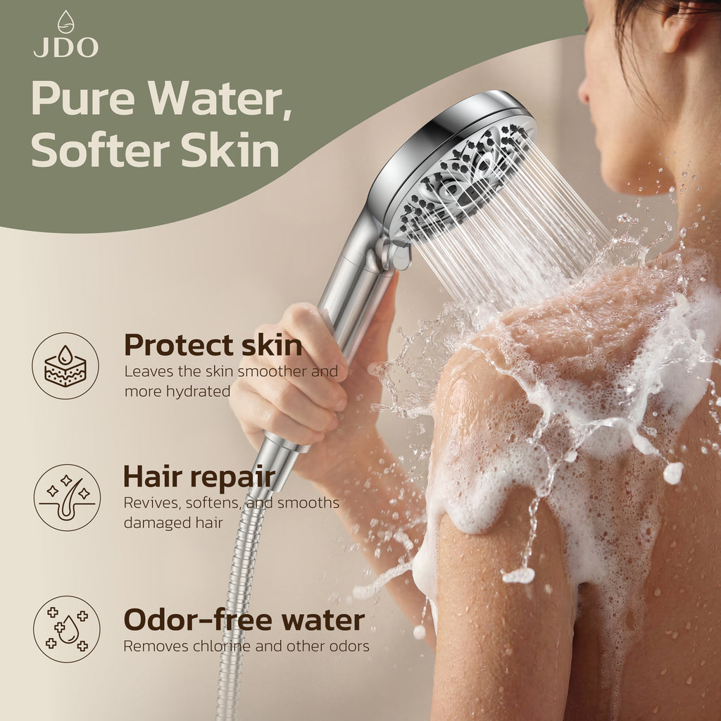 JDO 6-Setting Filtered Handheld Shower Head, High Pressure Shower Head with Replaceable Filter Cartridge 4.7 Inch Detachable Showerhead for Chlorine Hard Water Removal 59 Inch Stainless Steel Hose
