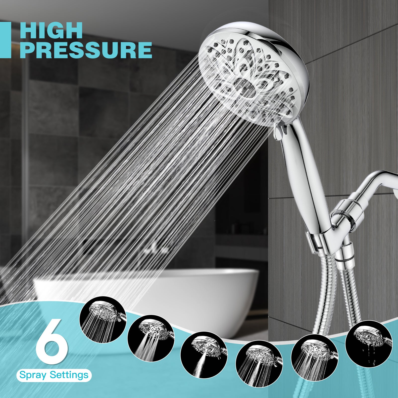 JDO 6-Setting Shower Head with Handheld, High Pressure Hand held Shower Head, 4.7 Inch Chrome Detachable Showerhead Set with 59 Inch Stainless Steel Hose and Adjustable Showerhead Holder
