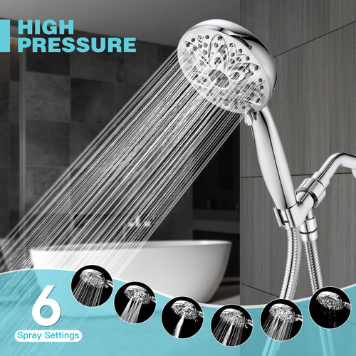 JDO 6-Setting Shower Head with Handheld, High Pressure Hand held Shower Head, 4.7 Inch Chrome Detachable Showerhead Set with 59 Inch Stainless Steel Hose and Adjustable Showerhead Holder