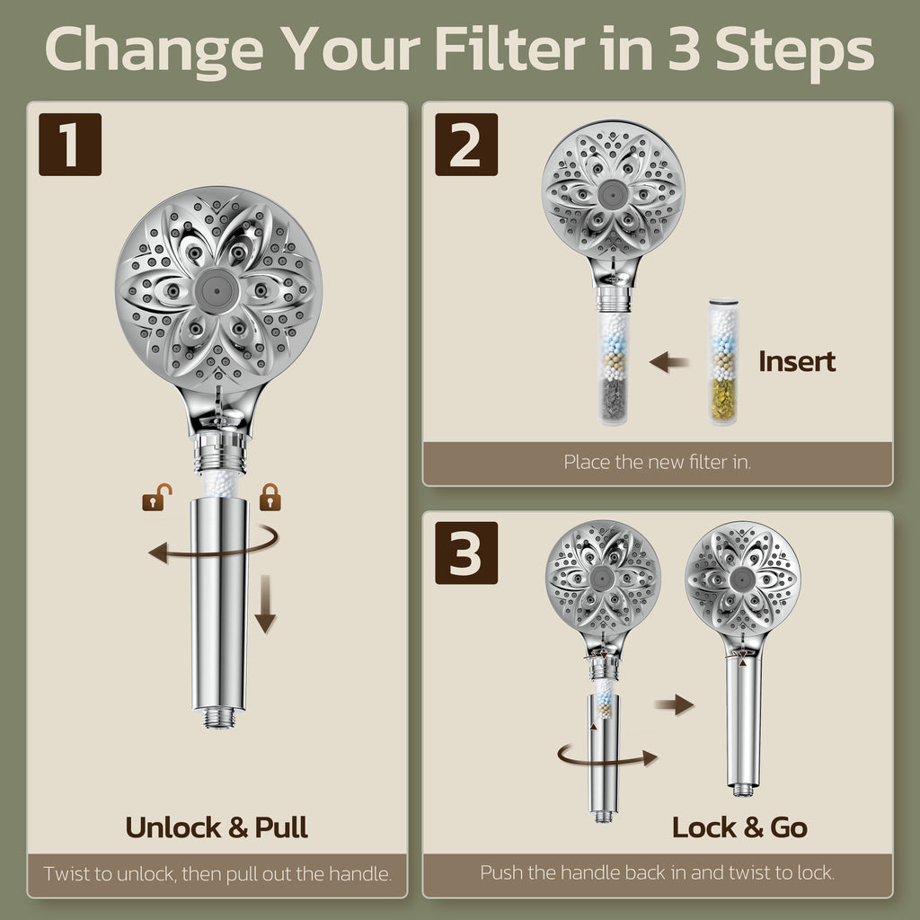 JDO 6-Setting Filtered Handheld Shower Head, High Pressure Shower Head with Replaceable Filter Cartridge 4.7 Inch Detachable Showerhead for Chlorine Hard Water Removal 59 Inch Stainless Steel Hose