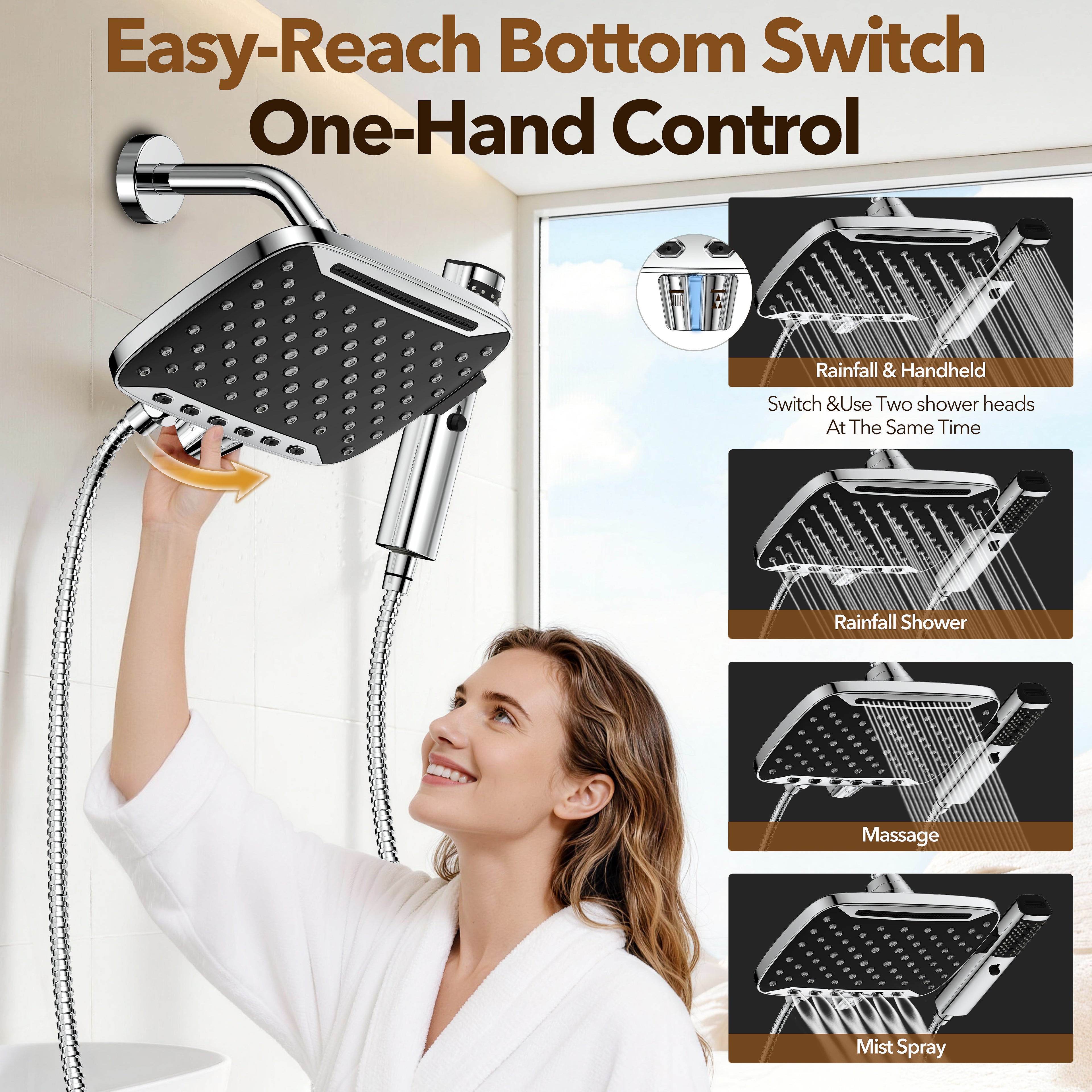 JDO High Pressure Rain Shower Head with Handheld Spray, 7 Modes Dual Shower Head Combo, 10 Inch Rainfall Showerhead Detachable, Power Wash for Bathroom Cleaning