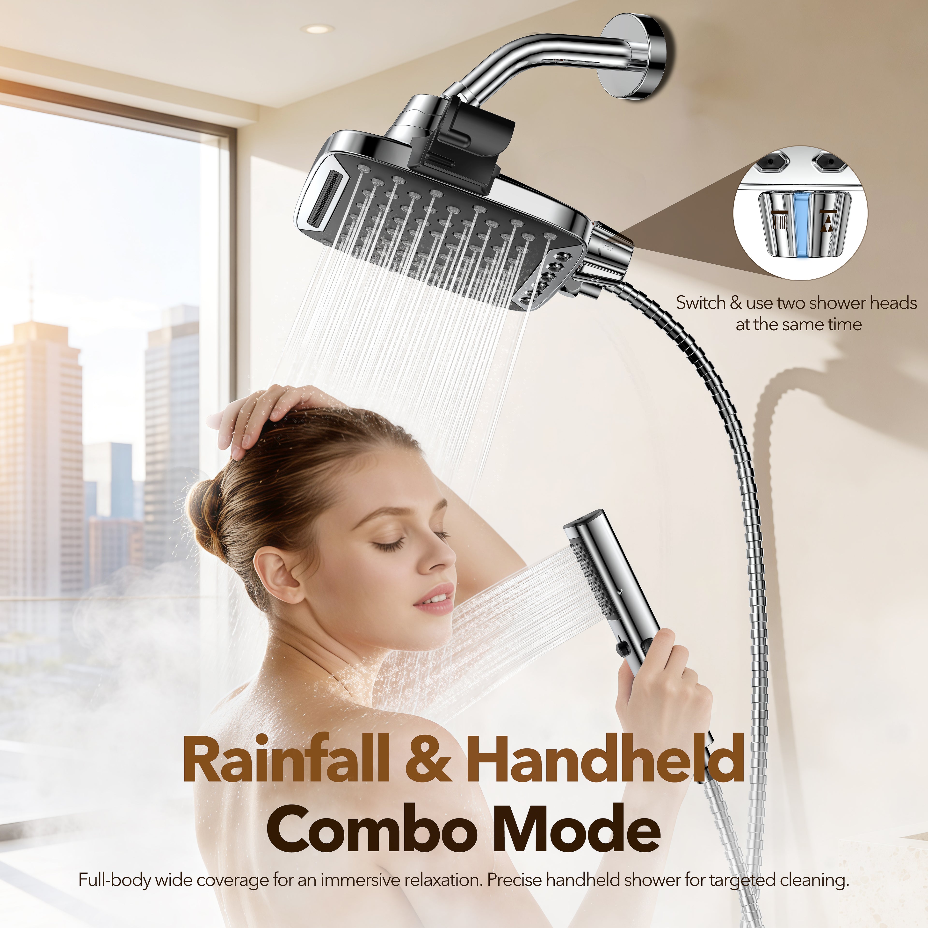 JDO High Pressure Rain Shower Head with Handheld Spray, 7 Modes Dual Shower Head Combo, 10 Inch Rainfall Showerhead Detachable, Power Wash for Bathroom Cleaning